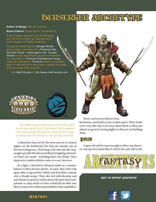 Berserker character illustration from Fantasy Archetypes, a Savage Worlds RPG PDF. A fierce warrior with dual blades, dressed in green and brown armor, ready for battle, suitable for RPG enthusiasts and fans of Fantasy Companion.