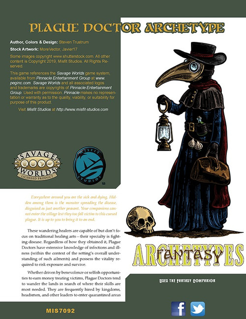 Savage Worlds RPG Plague Doctor PDF: a fantasy archetype featuring a beaked-masked character in dark attire, a lantern, and a skull, suitable for tabletop gaming and RPG adventure with the Savage Worlds RPG system.