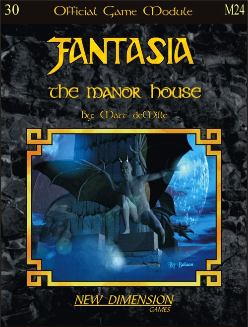 Fantasia Manor House PDF game module, Gothic-inspired design, featuring a dragon on a dark background with yellow text, published by New Dimension Games, in PDF format, for fantasy RPG enthusiasts and game masters.
