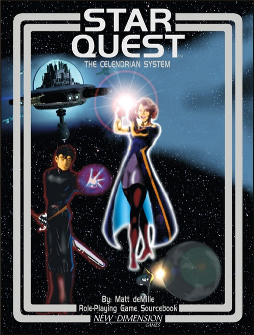 Starquest Celendrian Sourcebook PDF cover art features space-faring characters, spaceships, and celestial bodies against a starry background with a futuristic design and silver border in a fantasy role-playing game setting.