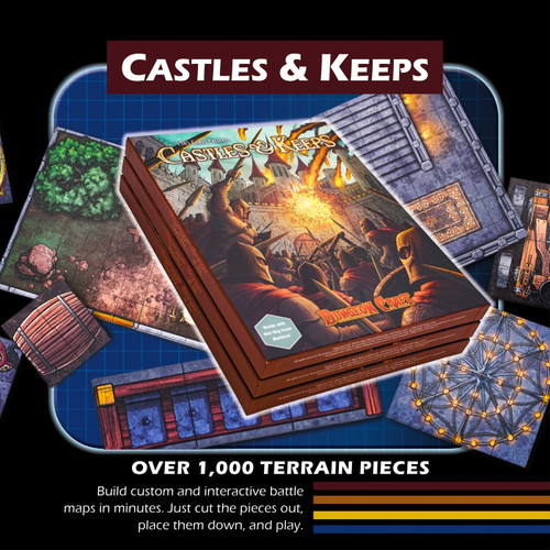 Dungeon Craft: Castles & Keeps terrain book with 1,000 pieces, featuring medieval buildings, knights, orcs, and merchants, for tabletop gaming experiences, published by [Brand], in a large format.