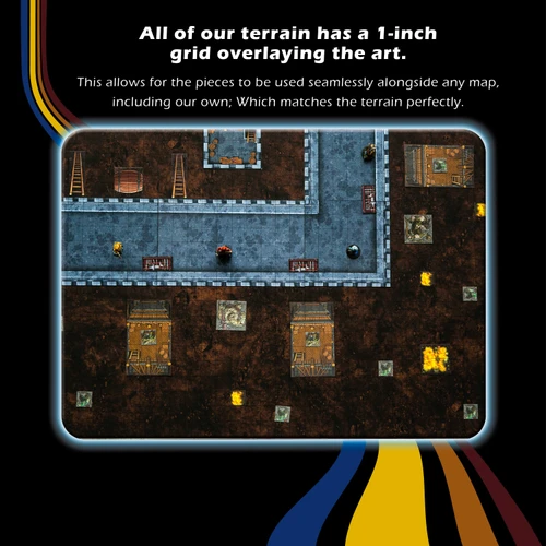 Dungeon Craft: Castles & Keeps 2D terrain book, featuring 2D castles, guard towers, and miniature figures, with various textures, on a grid-overlayed map, for immersive tabletop gaming experiences, measuring approximately 6-8 inches.