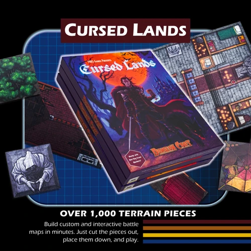 Dungeon Craft: Cursed Lands 2D terrain set with over 1,000 reversible pieces in 5.5 x 16 inches format. Dark fantasy design featuring various terrain pieces and character on the cover.