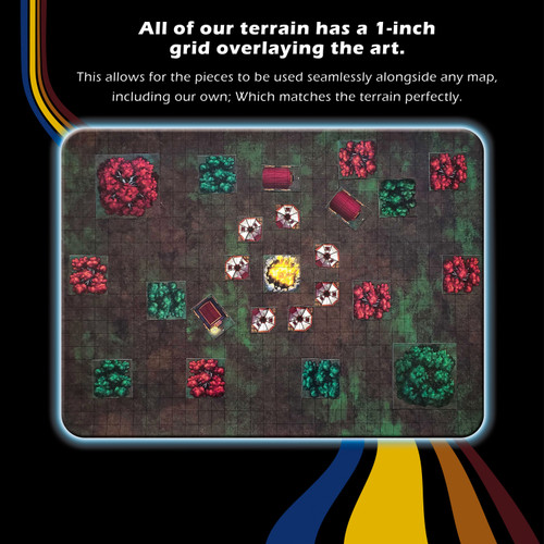 Dungeon Craft: Cursed Lands 2D terrain set features 1-inch grid, black background, and reversible pieces in green, brown, red, and white with colorful accents, ideal for tabletop gaming with monsters and fantasy creatures.