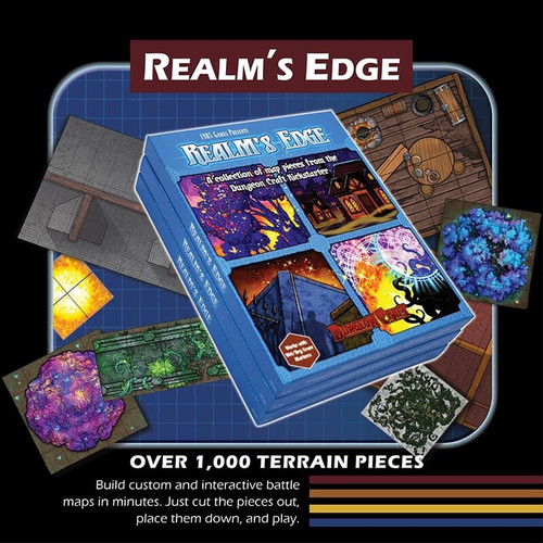 Dungeon Craft: Realm's Edge 2D terrain set contains a Building Pack, Fey Forest, and Wall Pack, featuring blue packaging with colorful illustrations and over 1,000 customizable pieces, perfect for RPG adventures and tabletop games.