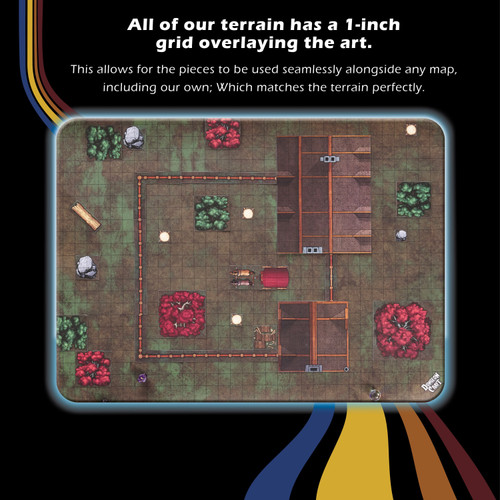 Dungeon Craft: Realm's Edge 2D terrain set; features Building pack, Fey Forest, and Wall pack on a 1-inch grid, includes RPG setup essentials with building, trees, and multi-colored terrain, perfect for fantasy adventure tabletop games.