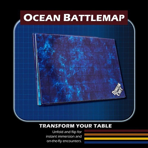Durable laminated tabletop map, 24"x33", showcasing blue ocean textures and 1" squares, featuring a waterproof gloss finish, and the Dungeon Craft logo, ideal for immersive RPG experiences and creative storytelling.
