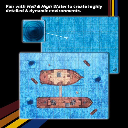 Battle Maps: Ocean, 24"x33", laminated tabletop RPG map featuring textured ocean environments, 1" squares, and premium waterproof gloss lamination. Compatible with Dungeon Craft books for immersive gaming experiences and wet-erase use.