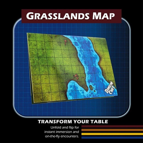Battle Maps: Grasslands, a 24"x33" laminated map with 1" squares, featuring green and blue terrain with water and land features, perfect for tabletop RPGs, premium waterproof gloss lamination for wet-erase and dry-erase use.