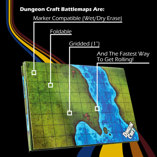 Laminated Dungeon Craft Battle Map: Grasslands, 24"x33", waterproof, 1" grid with textured squares, perfect for tabletop RPG adventures, ideal for DMs and game masters, featuring a spacious grassland landscape for immersive gaming experiences.