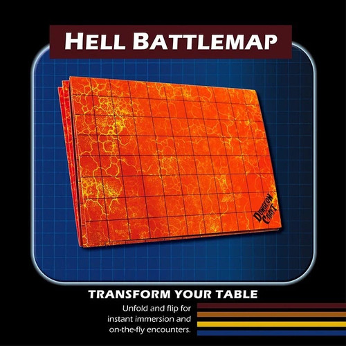 Battle Maps: Hell, a 24"x33" laminated map featuring 1" squares with Hell-themed textures on a blue background with dark red accents, perfect for tabletop RPG adventures with immersive gameplay.
