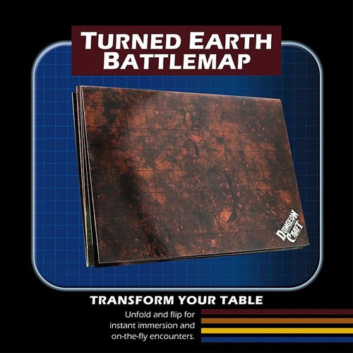 Dungeon Craft Battle Maps: Turned Earth, a 24"x33" laminated map with 1" textured squares in earthy tones, featuring a waterproof gloss coating for wet-erase and dry-erase compatibility.