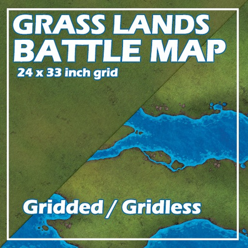 Large-scale TTRPG battle map, grasslands terrain, BattleMap: Grasslands product, 24x33 inches, 4 maps, gridded and gridless, includes lush grass and winding rivers for tabletop skirmishes.