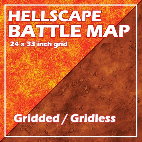 BattleMap: Hellscape is a 24x33-inch tabletop RPG accessory with scorching orange, brown, and lava textures. A gridded and gridless accessory for navigating underworld landscapes and lava pits in tabletop RPG games, perfect for dark fantasy adventures.