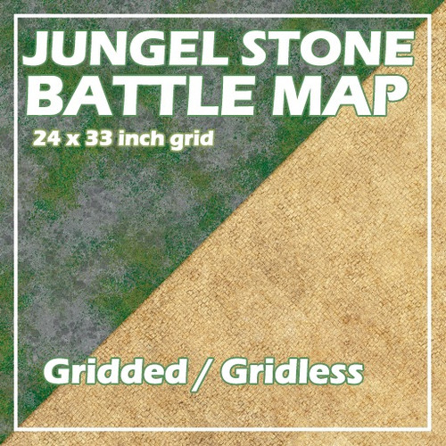 BattleMap: Jungle Stone download, 24x33 inch gridded and gridless TTRPG battle maps, featuring green and brown jungle terrain, perfect for RPG adventures and tabletop gaming, suitable for gridded or gridless gameplay.