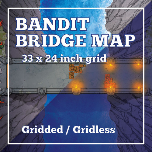 BattleMap: Bandit Bridge digital map, 33x24 inches, gridded and gridless, features a bridge and cave landscape, ideal for tabletop TTRPG adventures, part of a larger pack of 20 maps from 1985 Games.