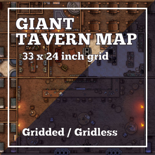 Giant Tavern BattleMap, 33x24 inch grid, digital download, tabletop RPG, fantasy setting, wooden interior, decorative lighting, 14 maps, gridded and gridless, digital download for TTRPG gamers and adventurers.