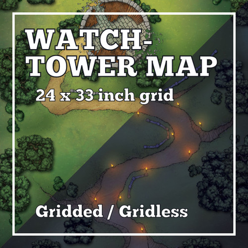 BattleMap: Watchtower, 24x33 inch TTRPG maps, featuring detailed terrain and design elements, available in gridded and gridless versions, suitable for tabletop RPG games and adventures.