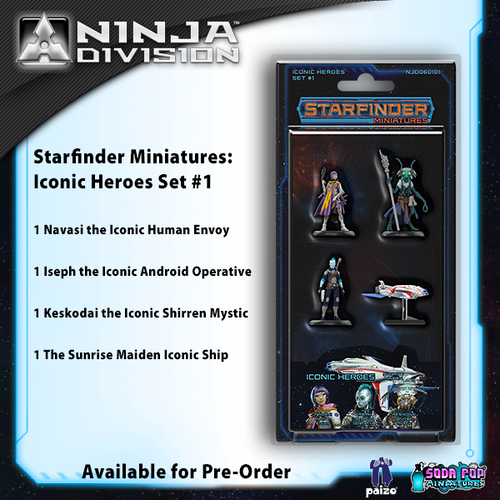 Starfinder Miniatures: Iconic Heroes Set 1 featuring prepainted sculpts of Navasi, Iseph, Keskodai, and Sunrise Maiden in various poses with intricate detail from Starfinder brand, perfect for role-playing or gaming.