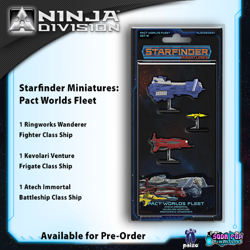 Starfinder Pact Worlds Fleet Set 1 miniatures featuring Ringworks Wanderer, Kevolari Venture, and ATech Immortal ships, Starfinder brand, colorful designs, space-themed, miniatures for tabletop gaming, sci-fi, fantasy, Pact Worlds, tabletop games, model ships.