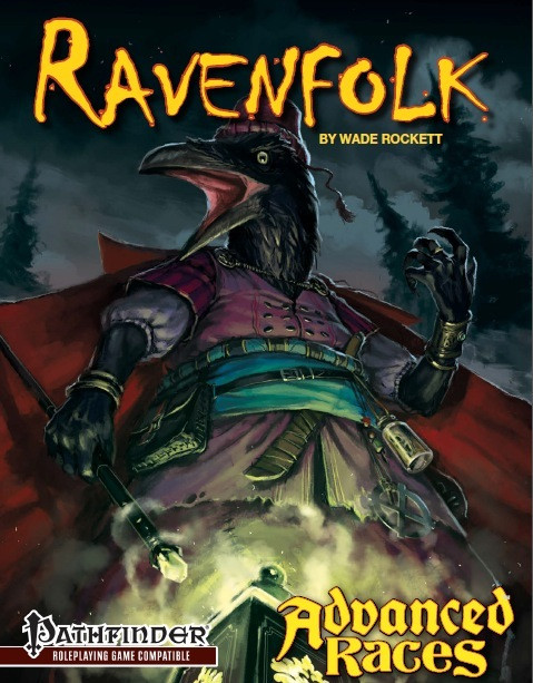 Advanced Races #5: Ravenfolk Pathfinder RPG PDF cover, featuring a raven-like humanoid in red cape and purple tunic, for the Pathfinder Roleplaying Game by Wade Rockett, 1 page PDF.