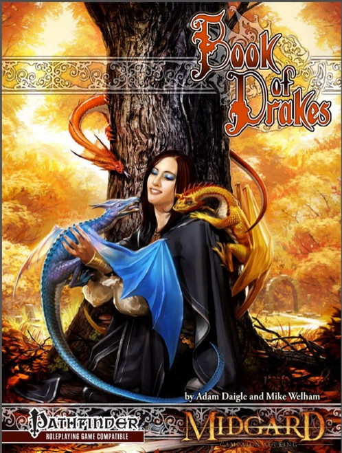 Book of Drakes PDF cover featuring a Pathfinder RPG logo on an orange background, with a woman holding a blue dragon surrounded by entwined dragons, showcasing vibrant fantasy art.