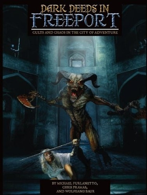 Dark Deeds in Freeport PDF, a Pathfinder adventure arc for 9th-12th level PCs, featuring dark fantasy art of cults, chaos, and combat in Freeport City.