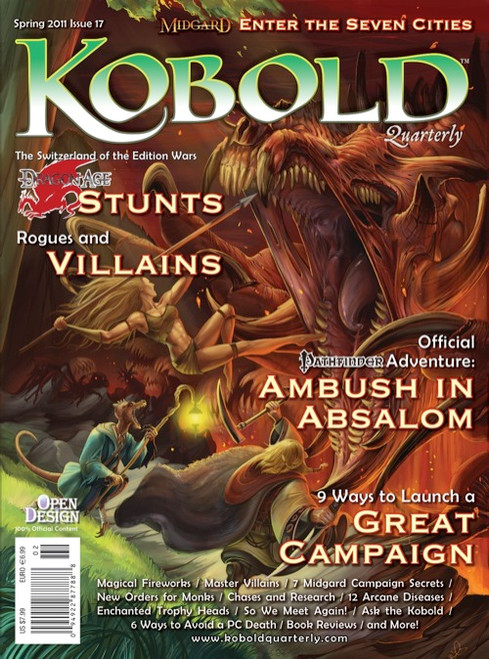Kobold Quarterly issue #17 PDF cover art, featuring Pathfinder RPG enthusiasts, a large creature, and adventurers in action, highlighting ambushes, villains, and adversaries in a fantasy setting.