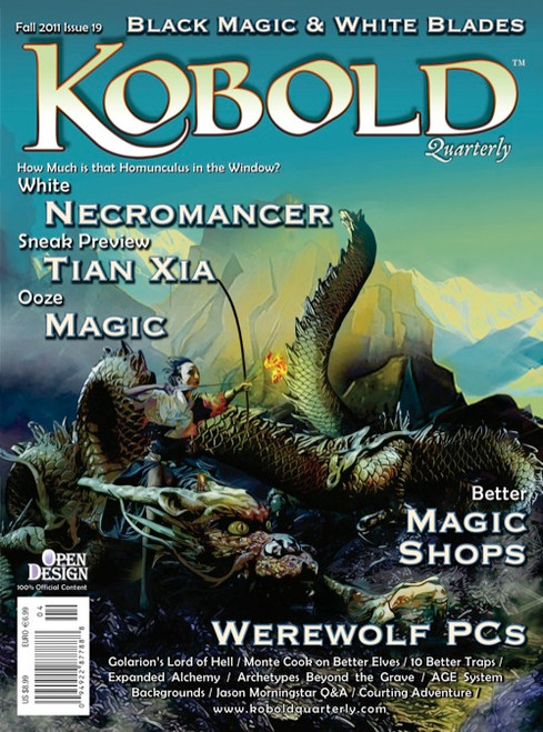 Kobold Quarterly Magazine #19 PDF, an 80-page issue, features Pathfinder RPG content, including Tian Xia preview, arch-devil Lau Kiritsu, necromancer class, solo adventure, and alchemist archetypes, in digital format.