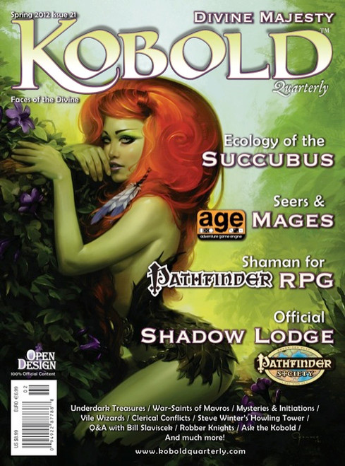 Kobold Quarterly 21 PDF cover art featuring a green-skinned woman with red hair, surrounded by purple flowers, 8.5 x 11 inches, Pathfinder RPG, divine majesty fantasy theme, and mythological artwork.