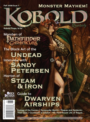 Kobold Quarterly 7 PDF, a 7th issue featuring official Pathfinder content, Steampunk monsters, Dwarven Airships guide, and Gunpowder Magic, showcasing a steampunk couple on a vibrant green cover with leather details in an antler-adorned scene.