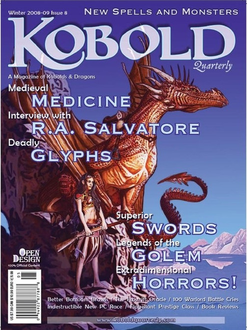 Kobold Quarterly 8 PDF magazine, a fantasy publication featuring medieval medicine, R.A. Salvatore interview, and swordsmanship articles, presented on a digital interface with a background that is a dark to a purple colour.