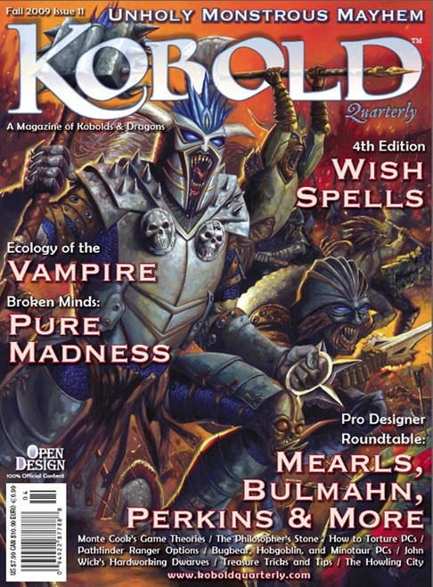 Kobold Quarterly Magazine 11 PDF, featuring a fantasy magazine cover, with Pathfinder RPG content, dark fantasy setting, Spell-less Ranger, and PC creatures, in a large format, from Kobold Quarterly, a well-known gaming brand.