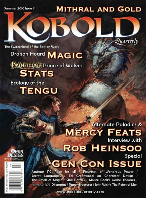 Kobold Quarterly Magazine 14 PDF cover featuring a Gen Con special issue with 'Traps and Treasures' theme, packed with 4th Edition D&D Pathfinder RPG content and loot, deadly devices, and character previews, in color.