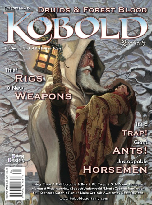 Kobold Quarterly 15 PDF magazine, 32-page Pathfinder RPG and 4th Edition D&D issue, featuring fantasy artwork with a hooded figure and forest landscape, perfect for fantasy role-playing game enthusiasts and dungeon masters.