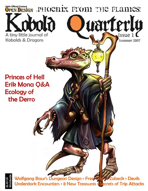 Kobold Quarterly 1 PDF, a full-color magazine featuring a lizard-like creature with a green robe and staff. This premiere issue from Open Design includes RPG design articles and fantasy adventures.