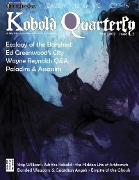 Kobold Quarterly #2 PDF magazine, a 24-page Open Design publication in PDF format, featuring dark fantasy art on a blue background, highlighting roleplaying game content and articles on RPG design.