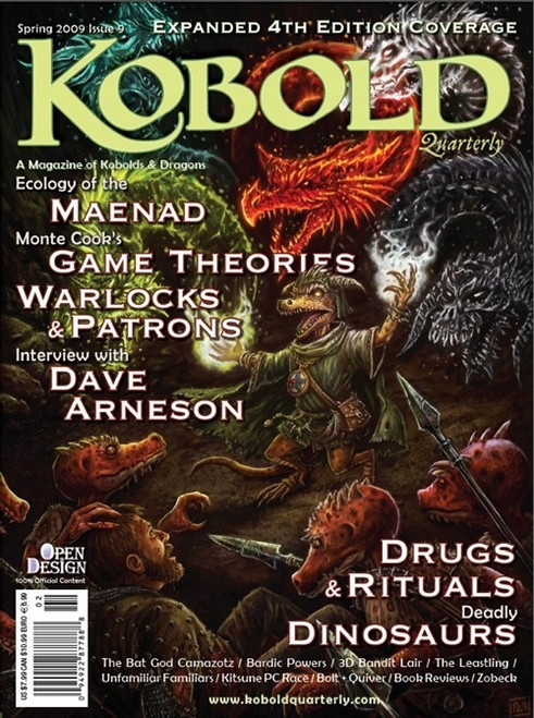 Kobold Quarterly Magazine #9 PDF cover features a dark fantasy scene with vibrant colors, showcasing RPG content, including an interview with Dave Arneson and a Game Theories column by Monte Cook, in print and digital edition.