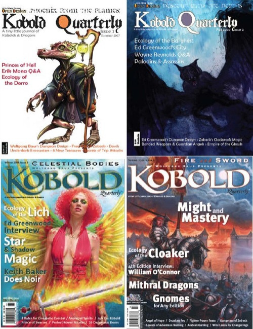 Kobold Quarterly Year 1 PDF bundle, four issues of fantasy RPG content featuring ecology, magic, and creatures from derro to dragons, including art and game mechanics in high-quality digital format.