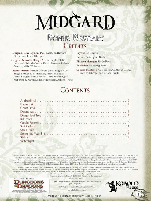 4th Edition D&amp;D Midgard Bonus Bestiary PDF, featuring 12 additional monsters from Open Design's award-winning adventures and sourcebooks, with medieval-style design, cream background, and green accents, including Kobold Press and Dungeons & Dragons logos.