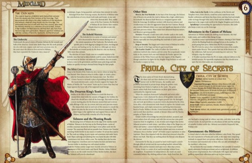 Dark Fantasy PDF: Midgard Campaign Setting features a fantasy world with dark magic, including armored warriors, medieval-style illustrations, and mysterious regions, presented in a  PDF format, with dark red and parchment-style design elements.