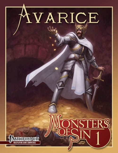 Pathfinder RPG Monsters of Sin 1: Avarice PDF cover featuring a knight in white and gold armor with sword and coin, dark background and gold text, Pathfinder logo on upper left corner.