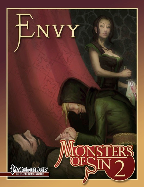 Monsters of Sin 2: Envy PDF cover for Pathfinder, featuring The Bone Swarm, Emerald Eye, Echo Doppelganger, and the Embodiment of Envy, Pathfinder Roleplaying Game accessories, in full color, high-quality illustration, 8.5x11 inches, landscape orientation.