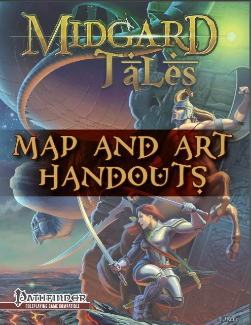 Midgard Tales Art & Map Folio PDF, a 68-page collection of fantasy art and maps, compatible with Pathfinder, featuring Guido Kuip, Terry Maranda, Pat Loboyko, and Crystal Frasier's artwork on a dark, gold-text background.