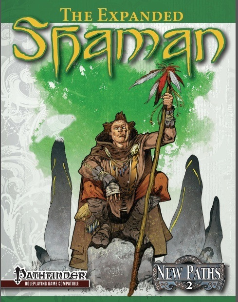 The Pathfinder roleplaying game, New Paths 2, features the Expanded Shaman PDF cover art, depicting a natural-dressed shaman with a feathered staff set against a green and gray background.