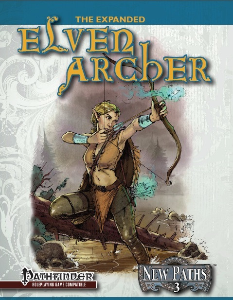 Elven archer class book cover for Pathfinder roleplaying game, New Paths 3: the Expanded Archer PDF, featuring elven heritage and archery skills on a gray background with white designs and yellow title text.