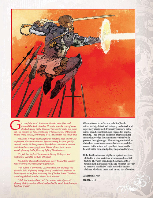 New Paths 4: Expanded Battle Scion PDF for Pathfinder Roleplaying Game featuring a combat caster, a battle scion with sword and armor, and an explosion of magic energy in a digital format 8.5 x 11 inches.