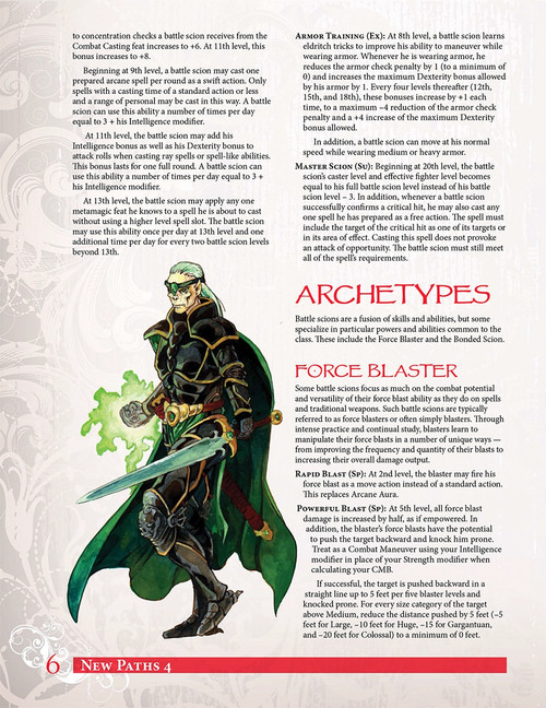 New Paths 4: the Expanded Battle Scion PDF, a Pathfinder Roleplaying Game supplement, featuring the Battle Scion class in green and gold armor, including feautres like Force Blaster and Bonded Scion archetypes.