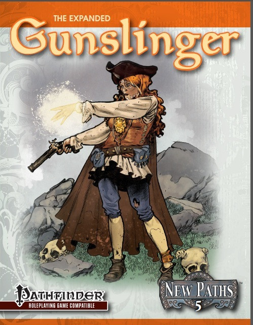 New Paths 6: Expanded Gunslinger PDF cover featuring a cowboy firing a gun with a mountainous background and skulls, includes Pathfinder RPG content, orange and white title on white background, compatible with firearms and RPG elements.
