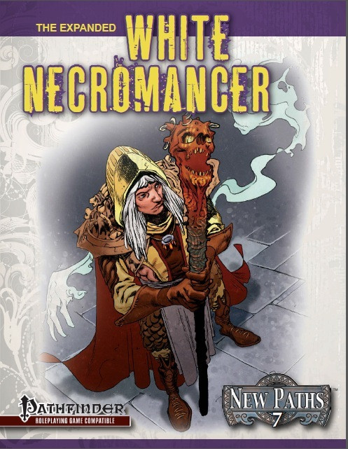 White necromancer PDF, New Paths 7, featuring a white-haired character with staff, in a beige hood, brown boots, and against a gray backdrop with blue smoke, showcasing white necromancer class abilities and spells.